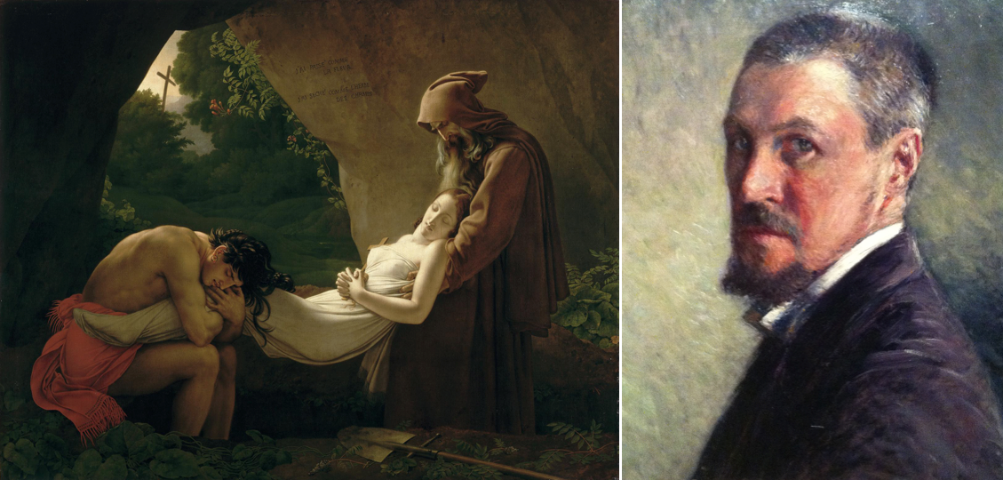Montage : sur l'image de gauche (1a) le tableau Atala au tombeau, d’Anne-Louis Girodet et sur l'image de droite (1b), l'autoportrait de Gustave Caillebotte