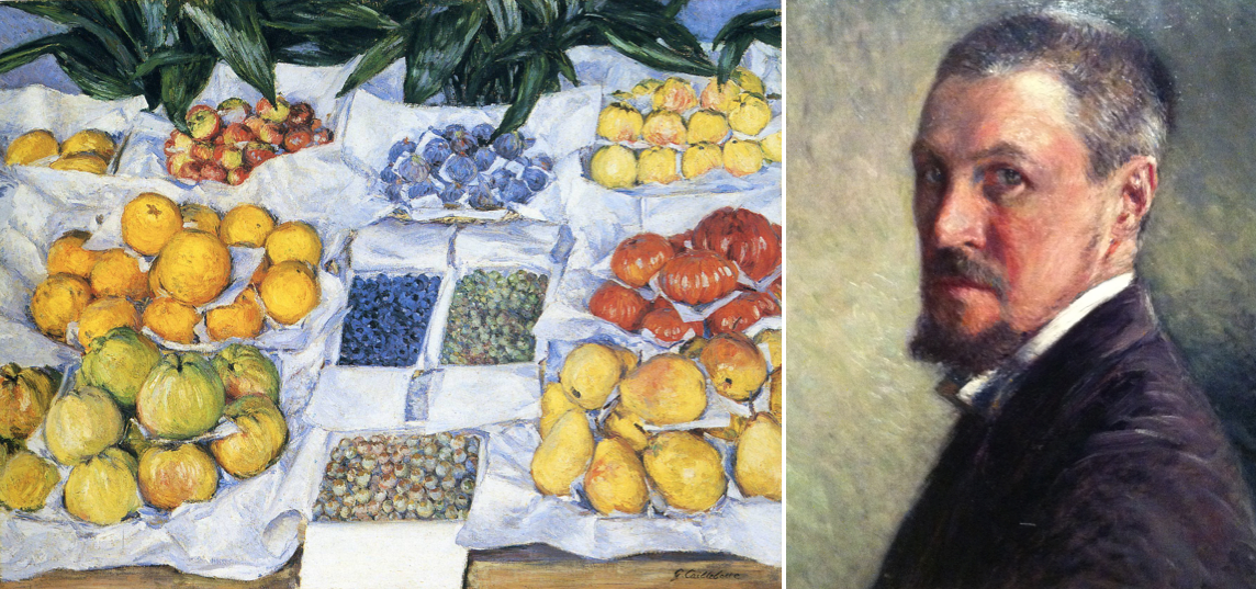 Montage : sur l'image de gauche (1a) le tableau Fruits sur un étalage, de Gustave Caillebotte et sur l'image de droite (1b), l'autoportrait de Gustave Caillebotte
