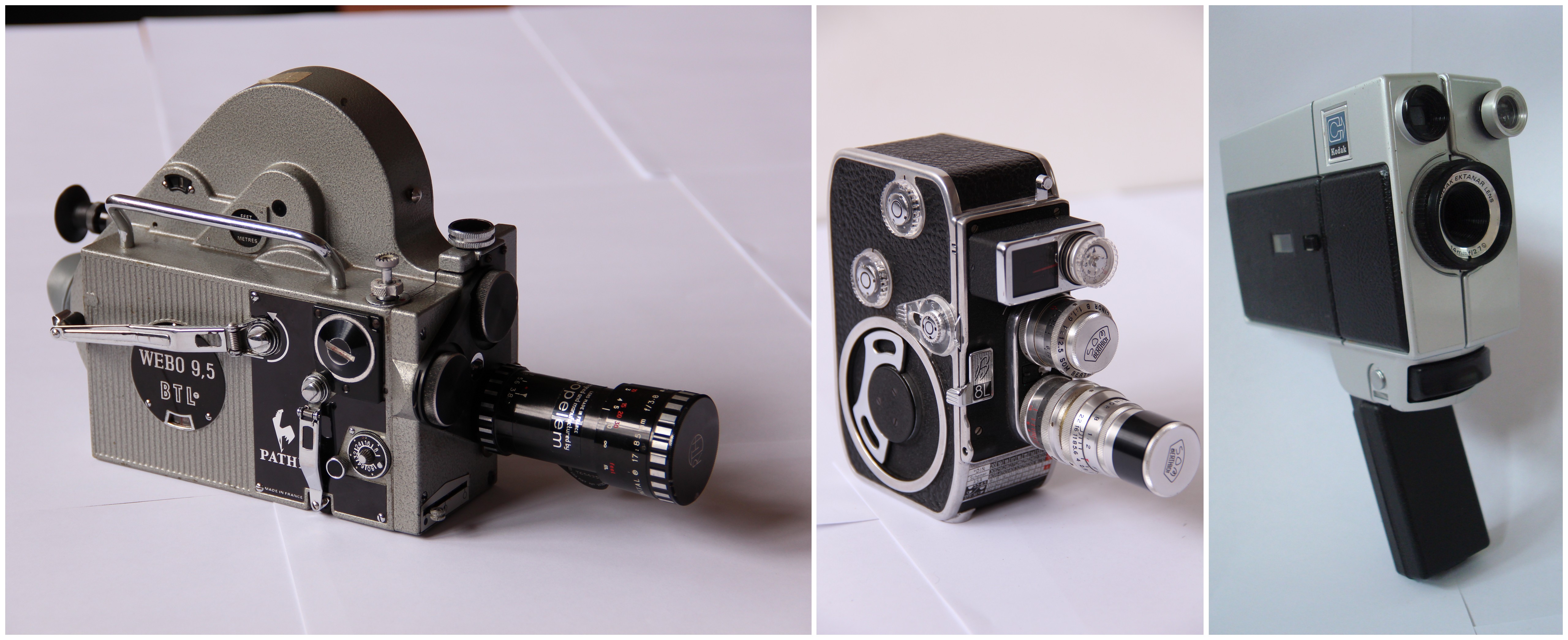 Caméras 9,5 mm Pathé Wébo, 8 mm Paillard Bolex B8 et Super 8 Kodak © Ciclic Mémoire