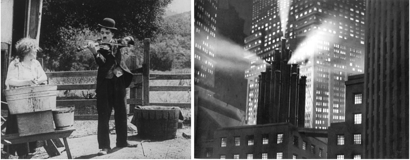 Deux images extraites de films « muets » : à gauche, Charlot musicien (The Vagabond, 1915) de Charlie Chaplin, édité en vidéo par Arte dans le coffret La Naissance de Charlot - The Mutual Comedies - 1916-1917 ; à droite, les sirènes en marche de la ville ouvrière dans Metropolis (id., 1927) de Fritz Lang, édité en vidéo par MK2.