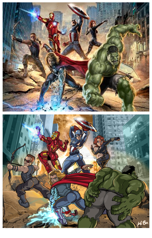 Illustration par Kevin Bolk, What if male Avengers posed like the female one ? 