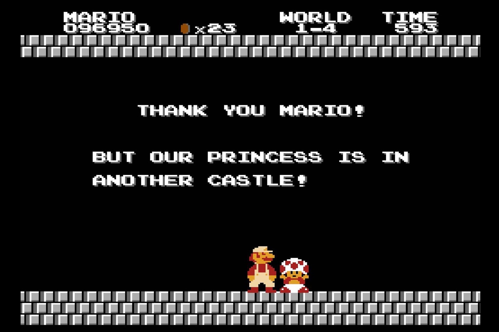 «  Merci Mario  ! Mais notre princesse est dans un autre château  !  », Capture de fin de niveau, Super Mario Bros, Nintendo, 1985