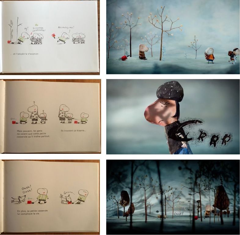 Comparaison d'images tirées de l'album et de photogrammes tirés du dessin animé du même nom