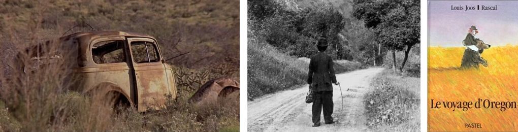 3 images : Photogramme du film Easy Rider, photogramme du film The Tramp, couverture de l'album Le voyage d'Oregon